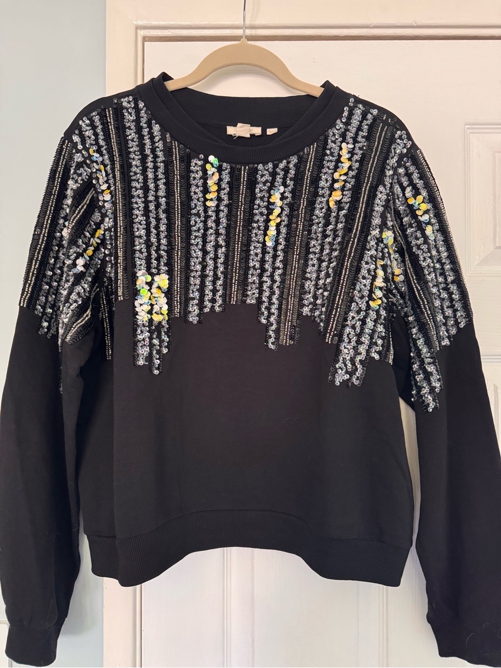 Anthropologie Black Crewneck Sweater with Silver & Iridescent Sequin Stripes
